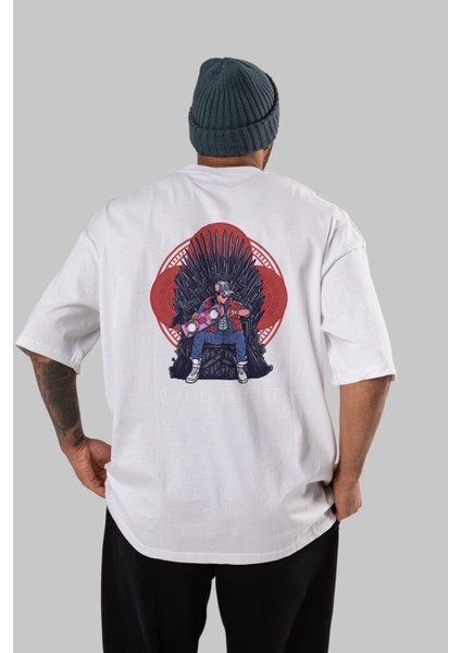 Game Of Future Arka Baskılı Beyaz Oversize T-Shirt Erkek Kadın Bisiklet Yaka
