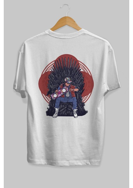 Game Of Future Arka Baskılı Beyaz Oversize T-Shirt Erkek Kadın Bisiklet Yaka