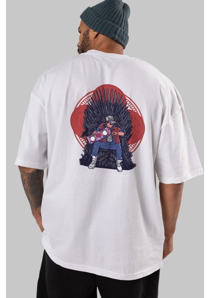 Game Of Future Arka Baskılı Beyaz Oversize T-Shirt Erkek Kadın Bisiklet Yaka