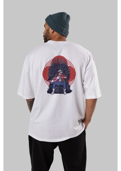 Game Of Future Arka Baskılı Beyaz Oversize T-Shirt Erkek Kadın Bisiklet Yaka