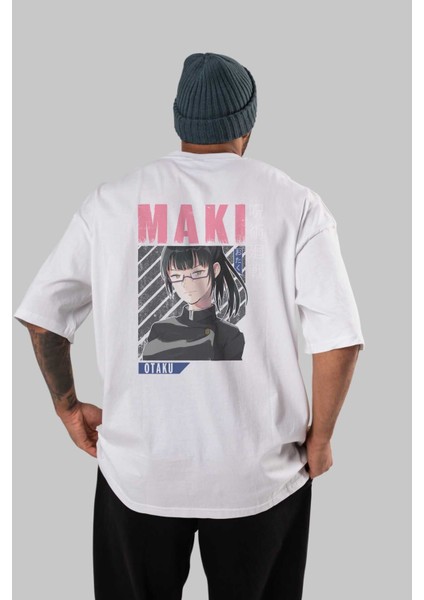 Maki Zenin Chaınsawman 1 Anime Arka Baskılı Beyaz Oversize T-Shirt Pamuk Erkek Kadın