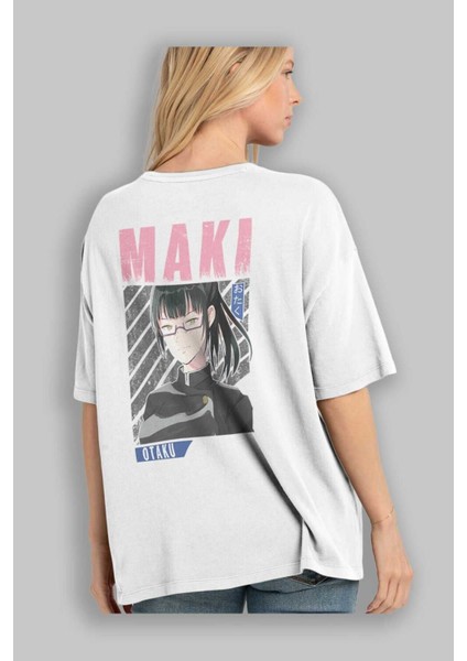 Maki Zenin Chaınsawman 1 Anime Arka Baskılı Beyaz Oversize T-Shirt Pamuk Erkek Kadın modelleri
