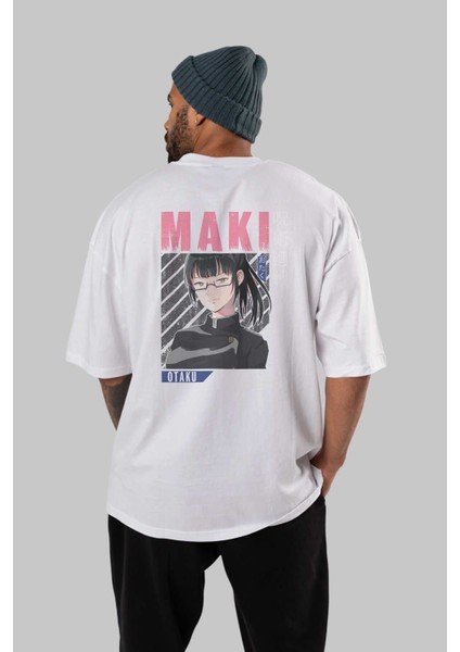 Maki Zenin Chaınsawman 1 Anime Arka Baskılı Beyaz Oversize T-Shirt Pamuk Erkek Kadın fırsatları