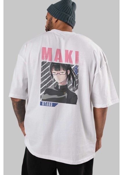 Maki Zenin Chaınsawman 1 Anime Arka Baskılı Beyaz Oversize T-Shirt Pamuk Erkek Kadın indirimleri