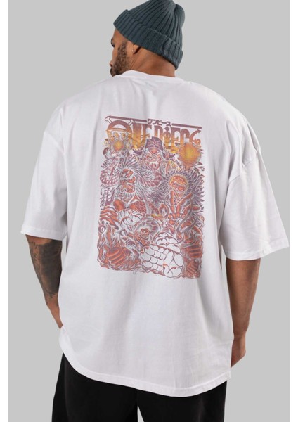 One Pıece Anime Arka Baskılı Beyaz Oversize T-Shirt Pamuk Erkek Kadın indirimleri
