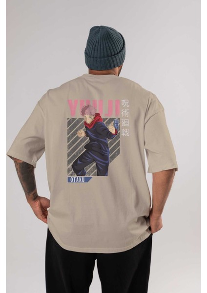 Yuuji Itadori Anime Arka Baskılı Bej Oversize T-Shirt %100 Pamuk Erkek Kadın