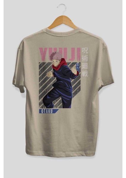 Yuuji Itadori Anime Arka Baskılı Bej Oversize T-Shirt %100 Pamuk Erkek Kadın fiyatları