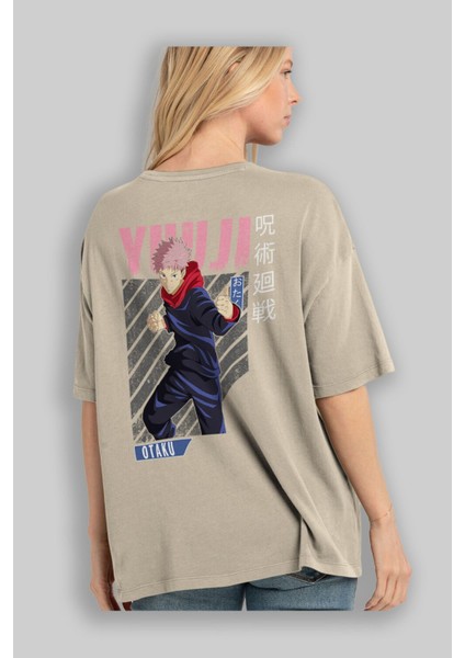 Yuuji Itadori Anime Arka Baskılı Bej Oversize T-Shirt %100 Pamuk Erkek Kadın modelleri