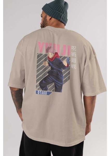Yuuji Itadori Anime Arka Baskılı Bej Oversize T-Shirt %100 Pamuk Erkek Kadın indirimleri