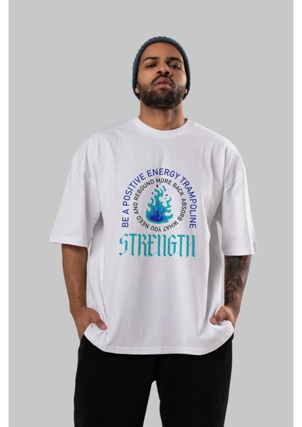 Positive Energy Ön Baskılı Beyaz Oversize T-Shirt Erkek Kadın Bisiklet Yaka