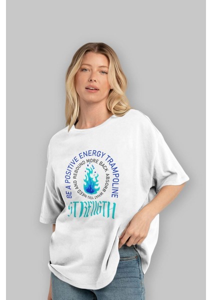 Positive Energy Ön Baskılı Beyaz Oversize T-Shirt Erkek Kadın Bisiklet Yaka fiyatları