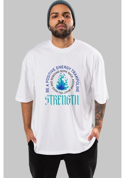 Positive Energy Ön Baskılı Beyaz Oversize T-Shirt Erkek Kadın Bisiklet Yaka modelleri