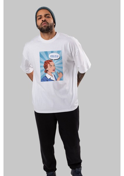 Everyday Is Women Day Ön Baskılı Beyaz Oversize T-Shirt Erkek Kadın Bisiklet Yaka modelleri