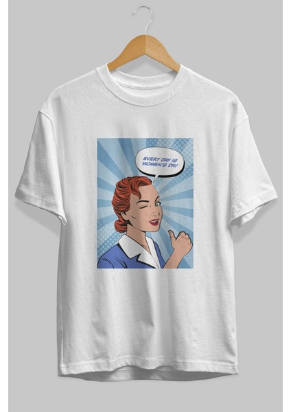 Everyday Is Women Day Ön Baskılı Beyaz Oversize T-Shirt Erkek Kadın Bisiklet Yaka fırsatları