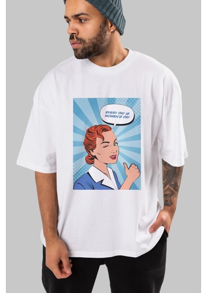 Everyday Is Women Day Ön Baskılı Beyaz Oversize T-Shirt Erkek Kadın Bisiklet Yaka indirimleri