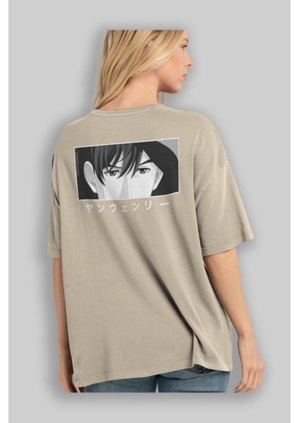 Wen-Li Yang 1 Anime Arka Baskılı Bej Oversize T-Shirt %100 Pamuk Erkek Kadın modelleri