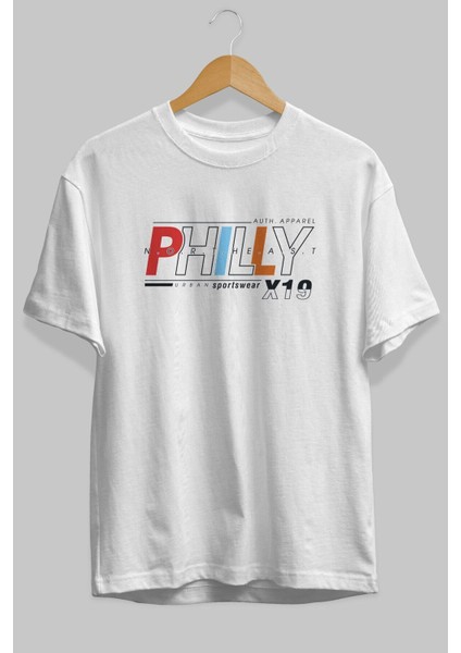 Philly Ön Baskılı Beyaz Oversize T-Shirt Erkek Kadın Bisiklet Yaka