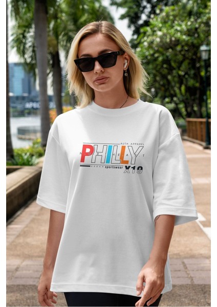 Philly Ön Baskılı Beyaz Oversize T-Shirt Erkek Kadın Bisiklet Yaka fırsatları
