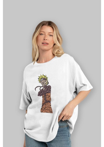 Rasengan Ön Baskılı Beyaz Oversize T-Shirt Erkek Kadın Bisiklet Yaka