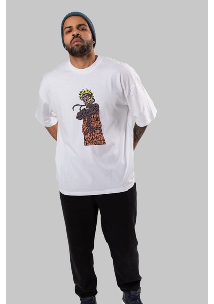 Rasengan Ön Baskılı Beyaz Oversize T-Shirt Erkek Kadın Bisiklet Yaka fiyatları