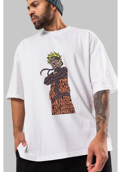 Rasengan Ön Baskılı Beyaz Oversize T-Shirt Erkek Kadın Bisiklet Yaka indirimleri