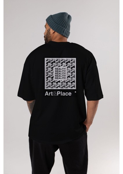 Reality Arka Baskılı Siyah Oversize T-Shirt Erkek Kadın Bisiklet Yaka