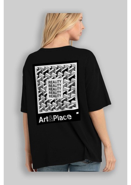 Reality Arka Baskılı Siyah Oversize T-Shirt Erkek Kadın Bisiklet Yaka fiyatları