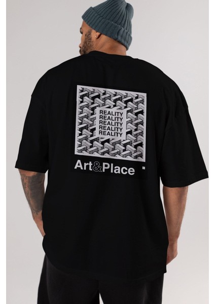 Reality Arka Baskılı Siyah Oversize T-Shirt Erkek Kadın Bisiklet Yaka modelleri