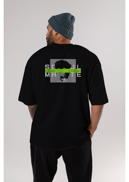 Soul Mate Arka Baskılı Siyah Oversize T-Shirt Erkek Kadın Bisiklet Yaka modelleri