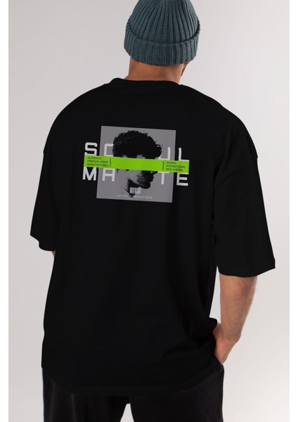 Soul Mate Arka Baskılı Siyah Oversize T-Shirt Erkek Kadın Bisiklet Yaka indirimleri