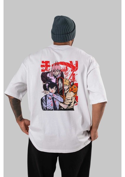 Chaınsawman Crew Anime Arka Baskılı Beyaz Oversize T-Shirt Pamuk Erkek Kadın
