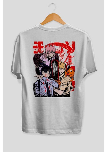 Chaınsawman Crew Anime Arka Baskılı Beyaz Oversize T-Shirt Pamuk Erkek Kadın fiyatları