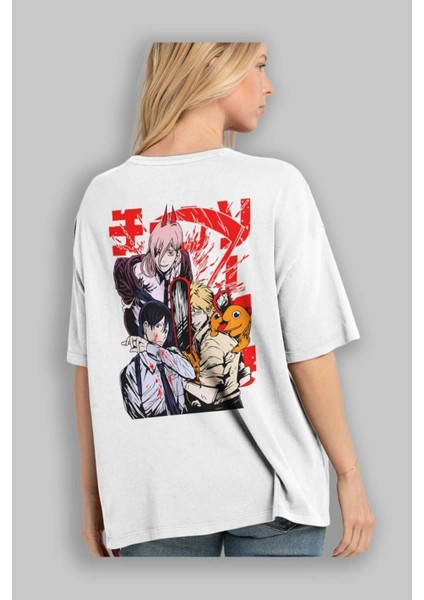 Chaınsawman Crew Anime Arka Baskılı Beyaz Oversize T-Shirt Pamuk Erkek Kadın modelleri