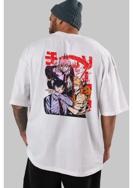 Chaınsawman Crew Anime Arka Baskılı Beyaz Oversize T-Shirt Pamuk Erkek Kadın indirimleri