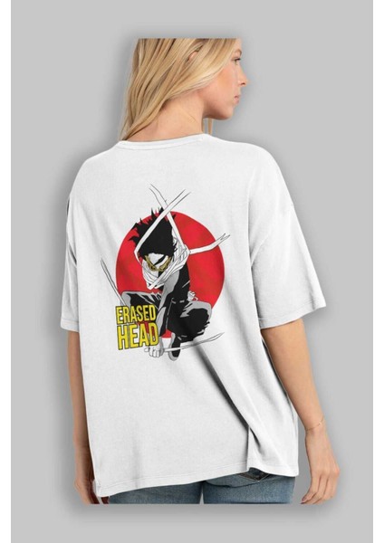 Erased Head Anime Arka Baskılı Beyaz Oversize T-Shirt Pamuk Erkek Kadın modelleri