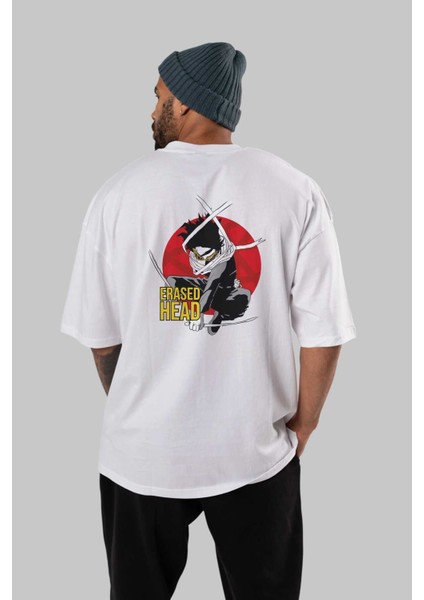 Erased Head Anime Arka Baskılı Beyaz Oversize T-Shirt Pamuk Erkek Kadın fırsatları