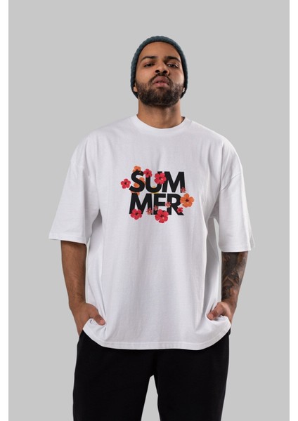 Summer Yazılı 2 Ön Baskılı Beyaz Oversize T-Shirt Erkek Kadın Bisiklet Yaka