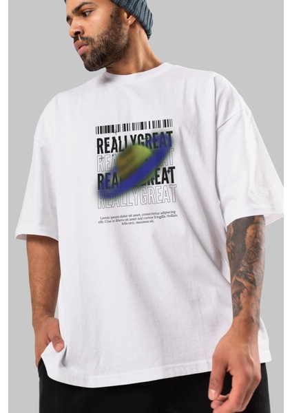 Really Great 2 Yazılı Ön Baskılı Beyaz Oversize T-Shirt Erkek Kadın Bisiklet Yaka