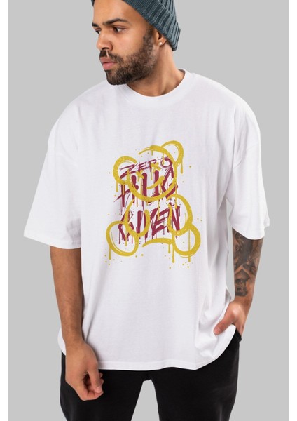 Zero Hug Bear Ön Baskılı Beyaz Oversize T-Shirt Erkek Kadın Bisiklet Yaka