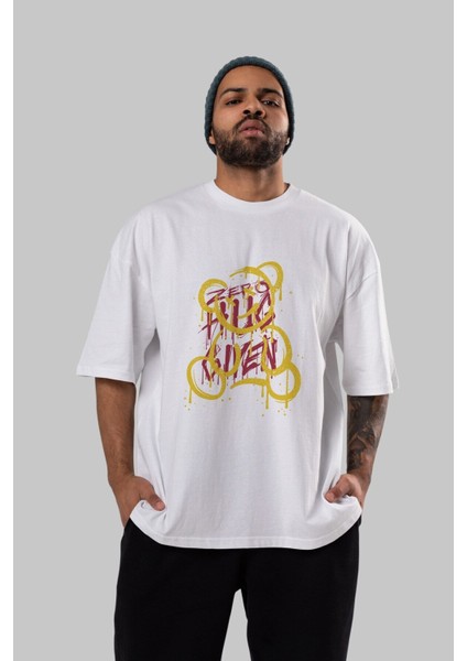 Zero Hug Bear Ön Baskılı Beyaz Oversize T-Shirt Erkek Kadın Bisiklet Yaka fırsatları