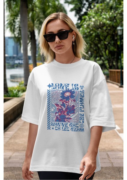 Love Is The Flower You've Got Ön Baskılı Beyaz Oversize T-Shirt Erkek Kadın Bisiklet Yaka