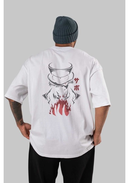 Saboonepiece Anime Arka Baskılı Beyaz Oversize T-Shirt Pamuk Erkek Kadın