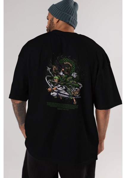 Zoro-One Pıece Anime Arka Baskılı Siyah Oversize T-Shirt Erkek Kadın modelleri