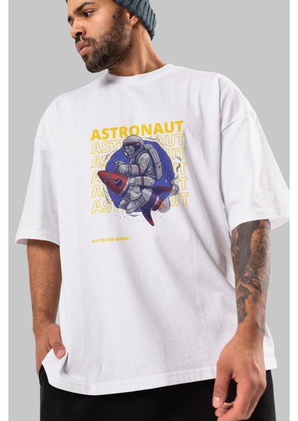 Astronaut Fly To The Ön Baskılı Beyaz Oversize T-Shirt Erkek Kadın Bisiklet Yaka