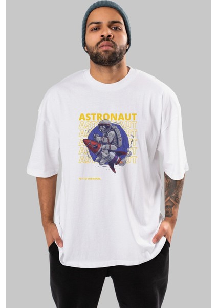 Astronaut Fly To The Ön Baskılı Beyaz Oversize T-Shirt Erkek Kadın Bisiklet Yaka fiyatları