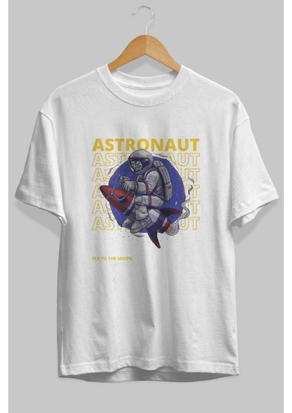 Astronaut Fly To The Ön Baskılı Beyaz Oversize T-Shirt Erkek Kadın Bisiklet Yaka modelleri
