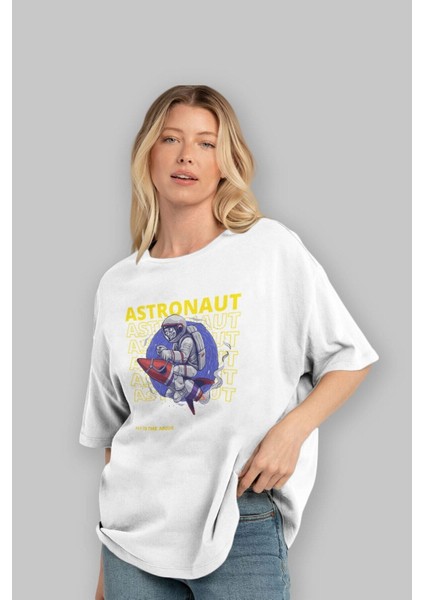 Astronaut Fly To The Ön Baskılı Beyaz Oversize T-Shirt Erkek Kadın Bisiklet Yaka indirimleri