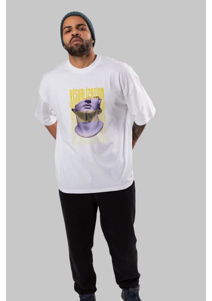 Visualization Yazılı Ön Baskılı Beyaz Oversize T-Shirt Erkek Kadın Bisiklet Yaka indirimleri