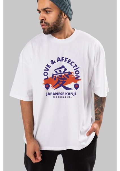 Love Affection Japanese Ön Baskılı Beyaz Oversize T-Shirt Erkek Kadın Bisiklet Yaka