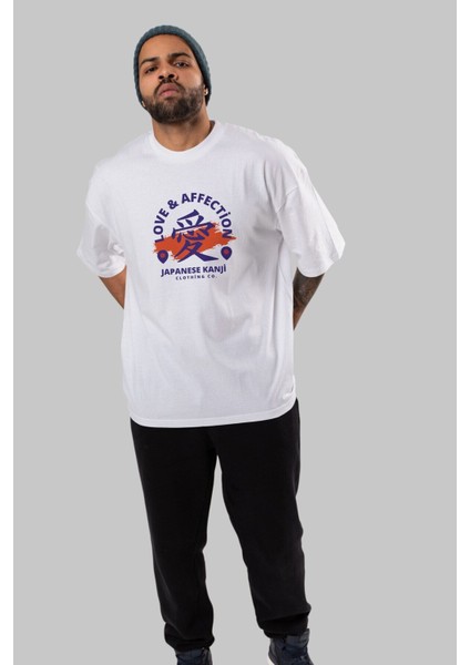 Love Affection Japanese Ön Baskılı Beyaz Oversize T-Shirt Erkek Kadın Bisiklet Yaka modelleri